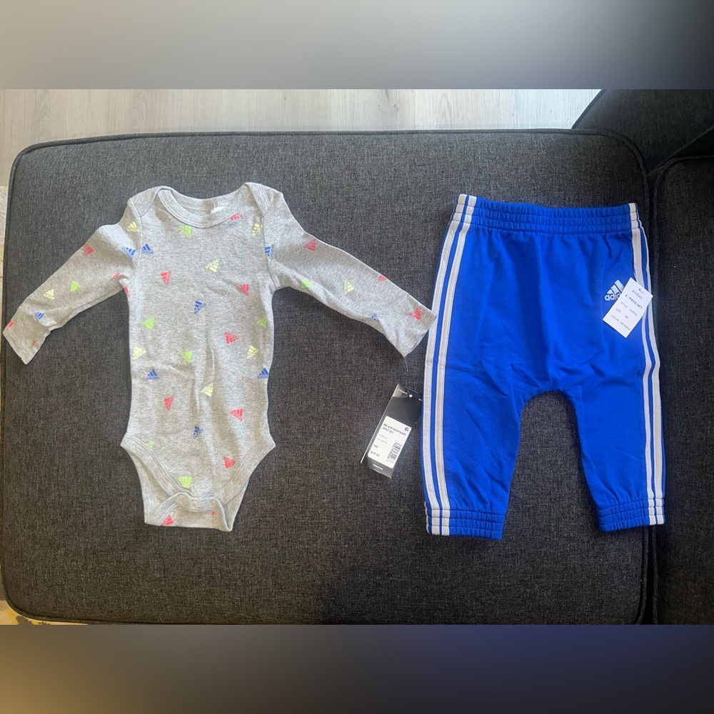 Adidas Blue Pants and Gray Onesie Set